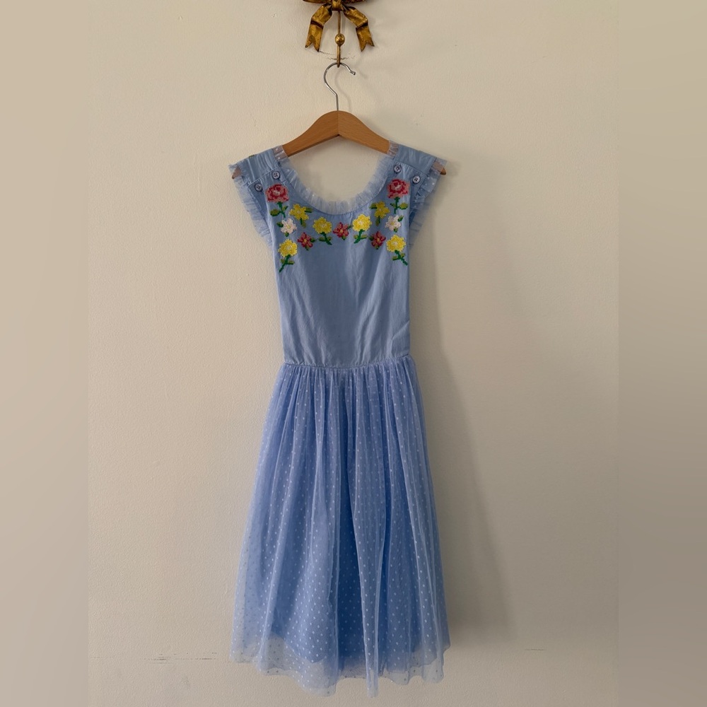 Mini Boden Light Blue Dress with Floral Embroidery